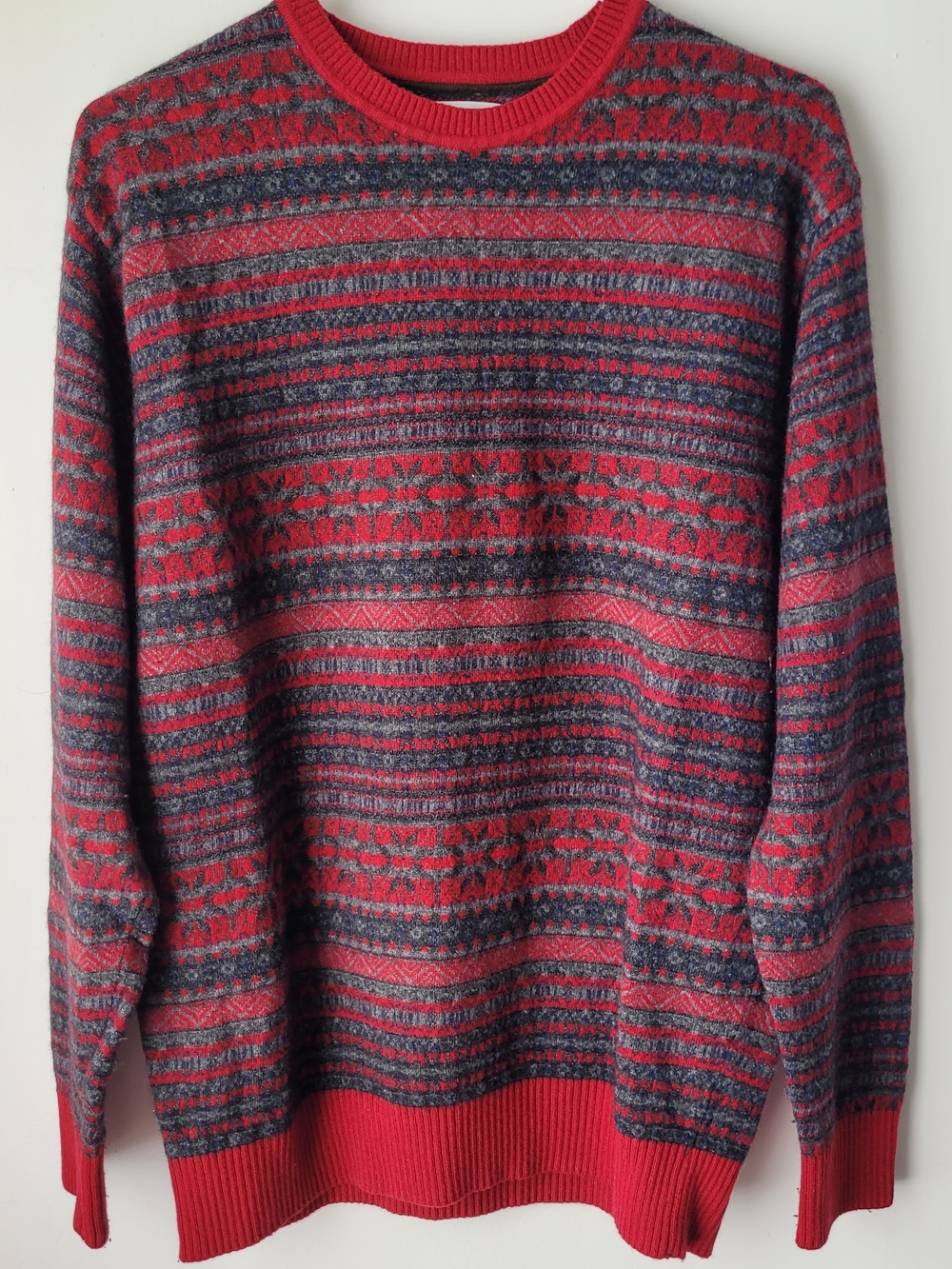 Vintage Alex Cannon Men Red & Gray Patterned Crewneck Sweater Size L